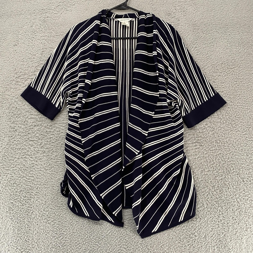 Misook Cardigan Sweater Womens Large Navy Striped Open Front Ruched Kimono Drape